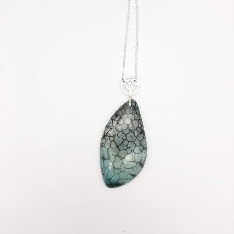 Collier Avec Pendentif Agate Veines De Dragon Bleu Lagon - Argent Sterling - 56-60 Cm
